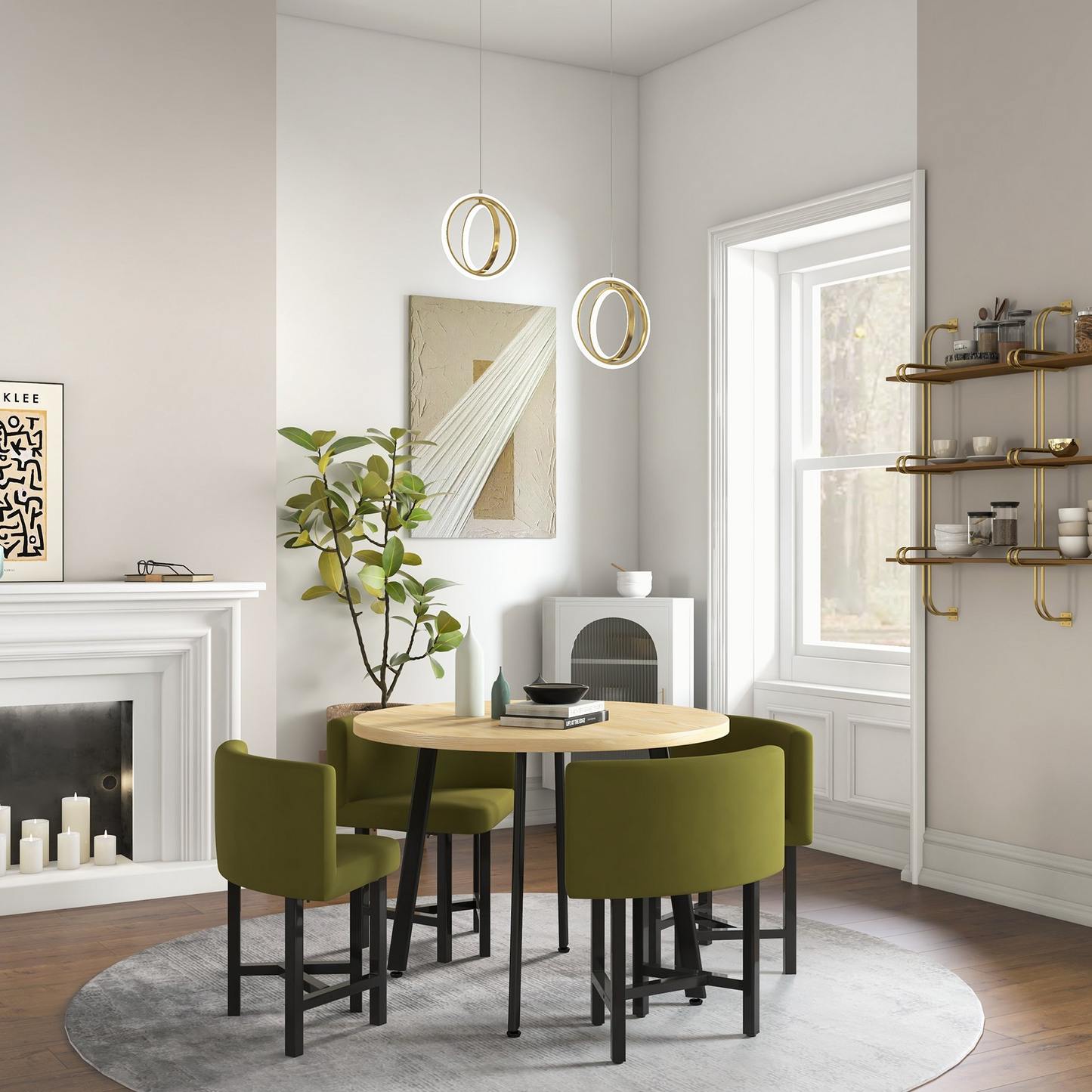 Gouden Geometrische Hanglamp met LED voor Eettafel, Woonkamer of Slaapkamer - 2 Ringen, Messing Afwerking, Warm Licht