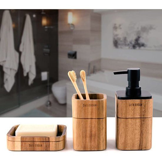 3-delige Badkameraccessoireset van Acaciahout met Zeepdispenser, Tandenborstelhouder en Zeepbakje 1