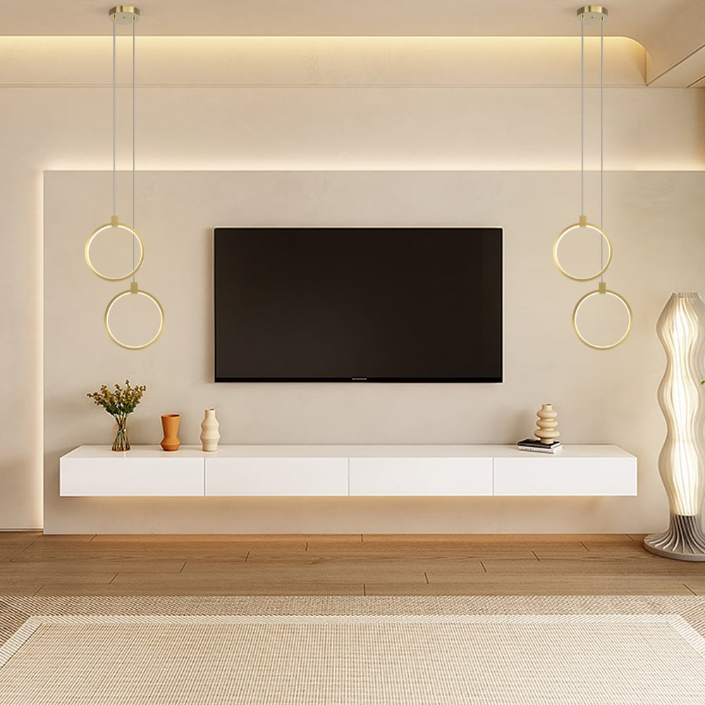 2-Lichts Hanglamp in Goud Messing voor Eettafel en Woonkamer – Moderne Cirkelvorm met Verstelbare Ophanglengte
