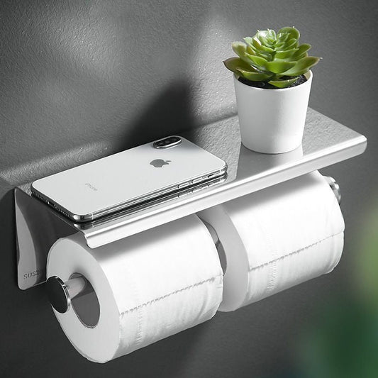 Chroom WC Rolhouder met Plankje - Set van 2, Staande of Muurbevestigd, Zonder Boren, Ruimtebesparend Ontwerp 0