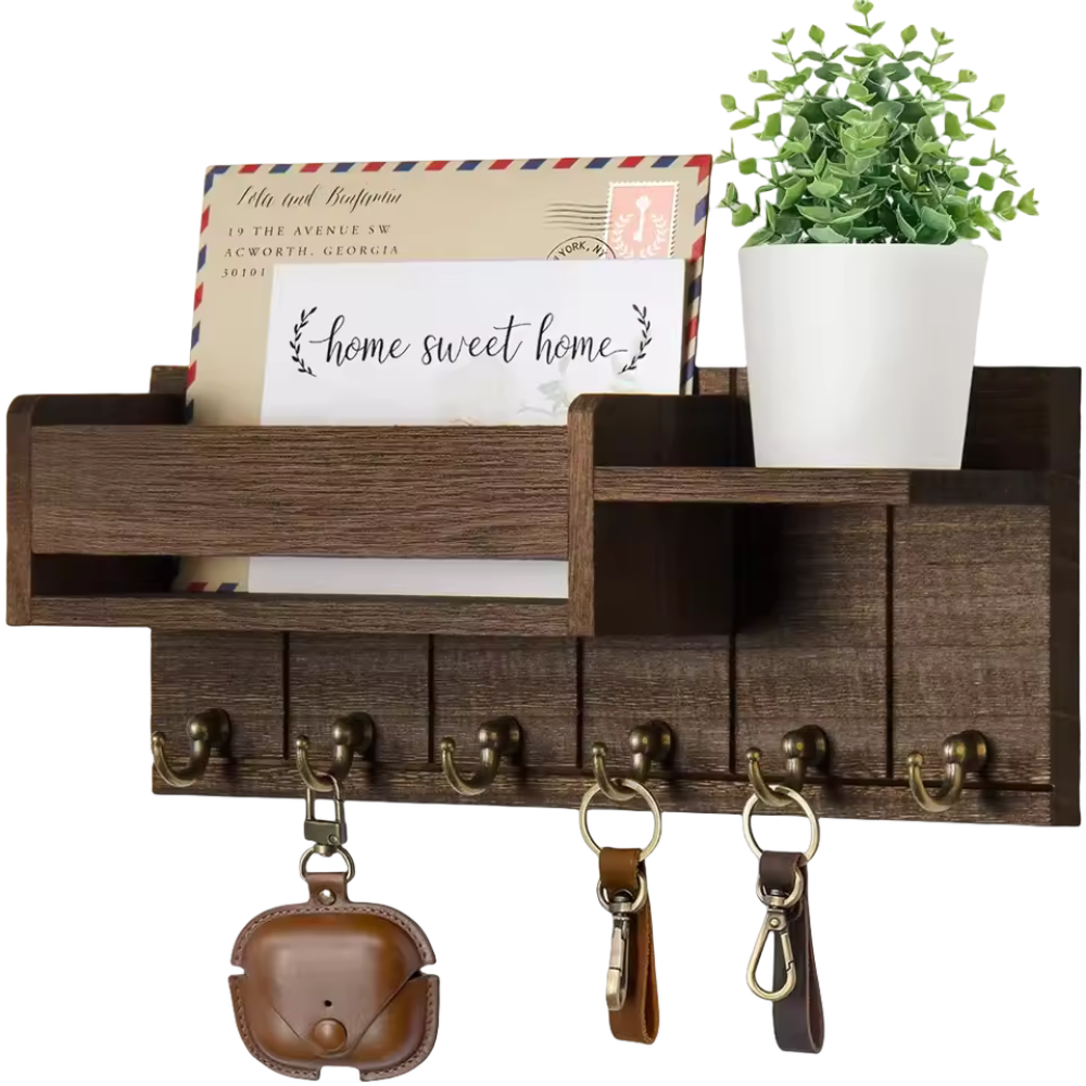 Decoratieve Muurbeugel met Plank en Sleutelhaken – Multifunctionele Wandorganizer van Massief Hout voor Hal en Keuken 0