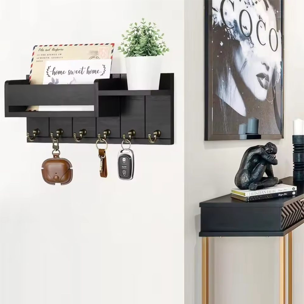 Decoratieve Muurbeugel met Plank en Sleutelhaken – Multifunctionele Wandorganizer van Massief Hout voor Hal en Keuken 1