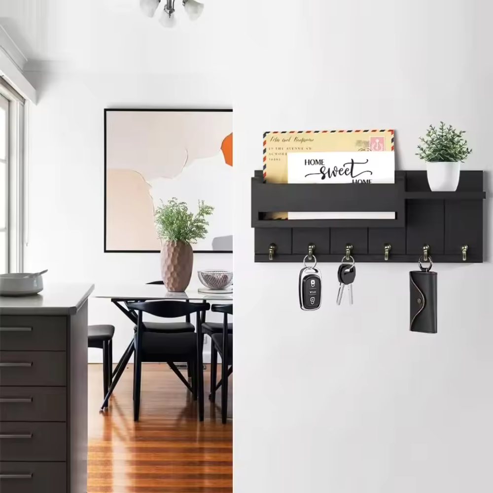 Decoratieve Muurbeugel met Plank en Sleutelhaken – Multifunctionele Wandorganizer van Massief Hout voor Hal en Keuken 2