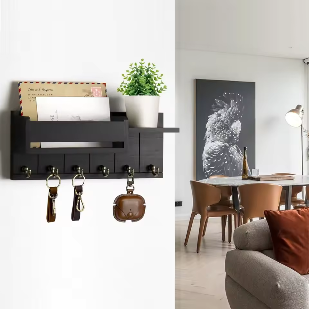 Decoratieve Muurbeugel met Plank en Sleutelhaken – Multifunctionele Wandorganizer van Massief Hout voor Hal en Keuken 3