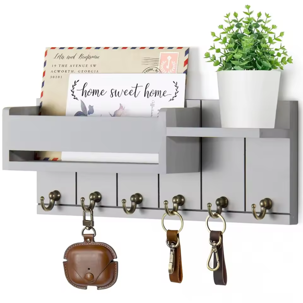 Decoratieve Muurbeugel met Plank en Sleutelhaken – Multifunctionele Wandorganizer van Massief Hout voor Hal en Keuken 4