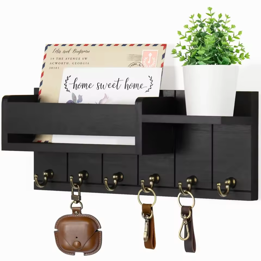 Decoratieve Muurbeugel met Plank en Sleutelhaken – Multifunctionele Wandorganizer van Massief Hout voor Hal en Keuken 5