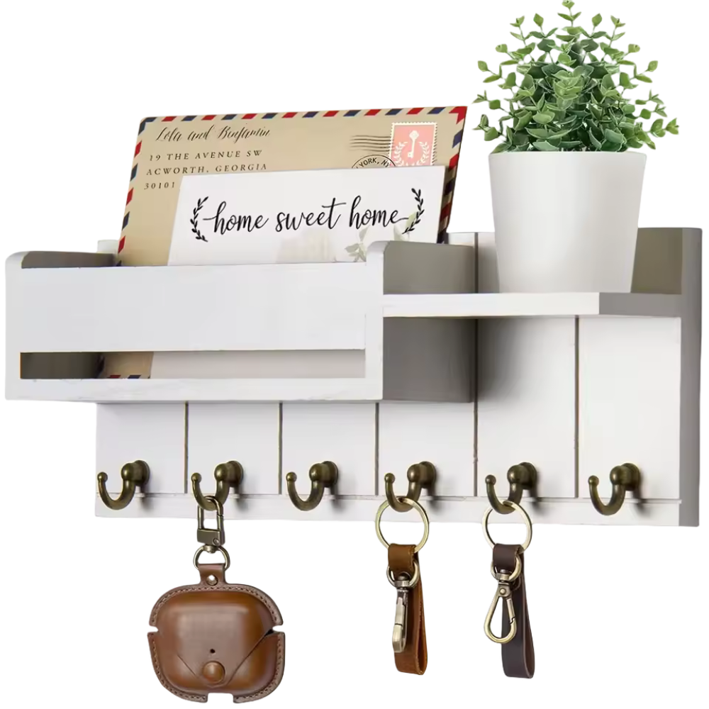 Decoratieve Muurbeugel met Plank en Sleutelhaken – Multifunctionele Wandorganizer van Massief Hout voor Hal en Keuken 6
