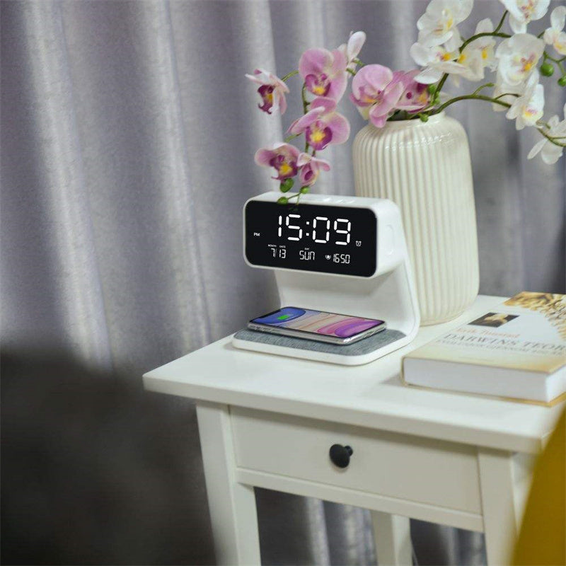 Dimbare Tafellamp met Draadloze Oplader en LCD Alarmklok – Multifunctionele Nachtkast Lampje in Wit 4