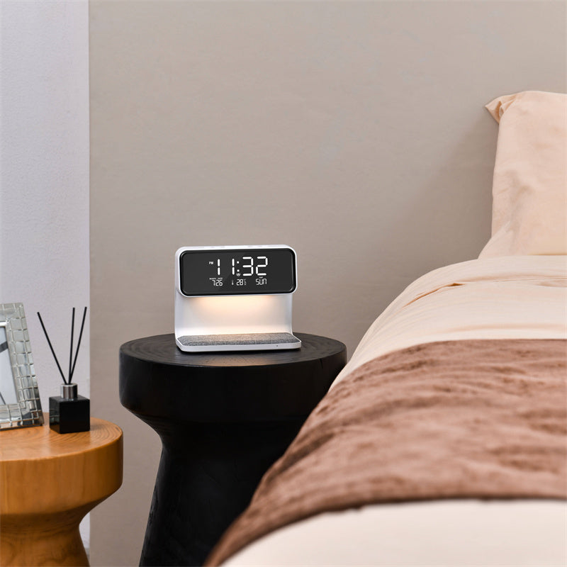 Dimbare Tafellamp met Draadloze Oplader en LCD Alarmklok – Multifunctionele Nachtkast Lampje in Wit 6