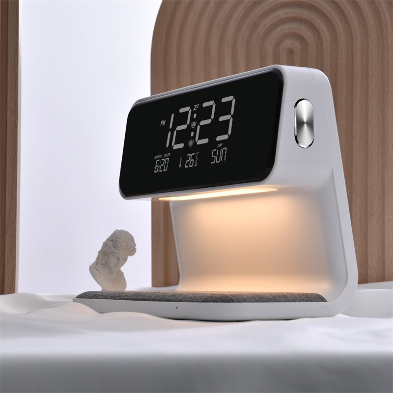 Dimbare Tafellamp met Draadloze Oplader en LCD Alarmklok – Multifunctionele Nachtkast Lampje in Wit 7