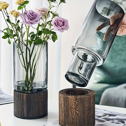 Glazen Vaas met Houten Basis – Slank en Modern Design voor Bloemen, 24,5 cm Hoog 1