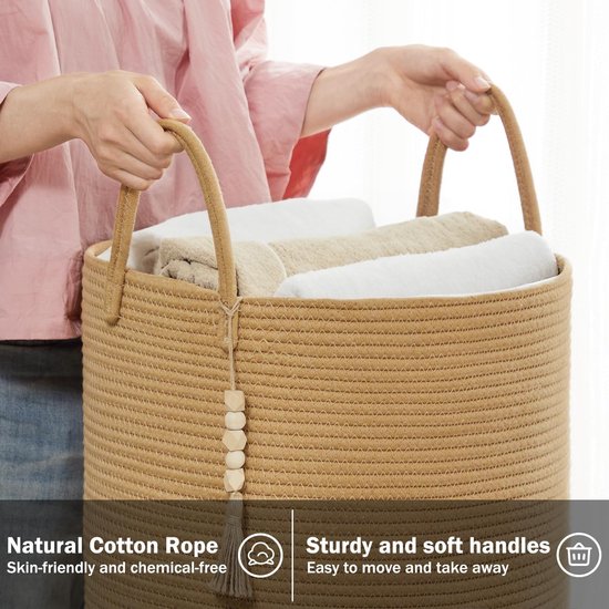 Handgemaakte Katoenen Opbergmand met Handvat - Gevlochten Wasmand 38 cm x 50 cm 2