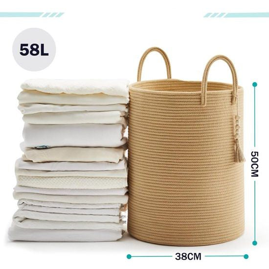 Handgemaakte Katoenen Opbergmand met Handvat - Gevlochten Wasmand 38 cm x 50 cm 4