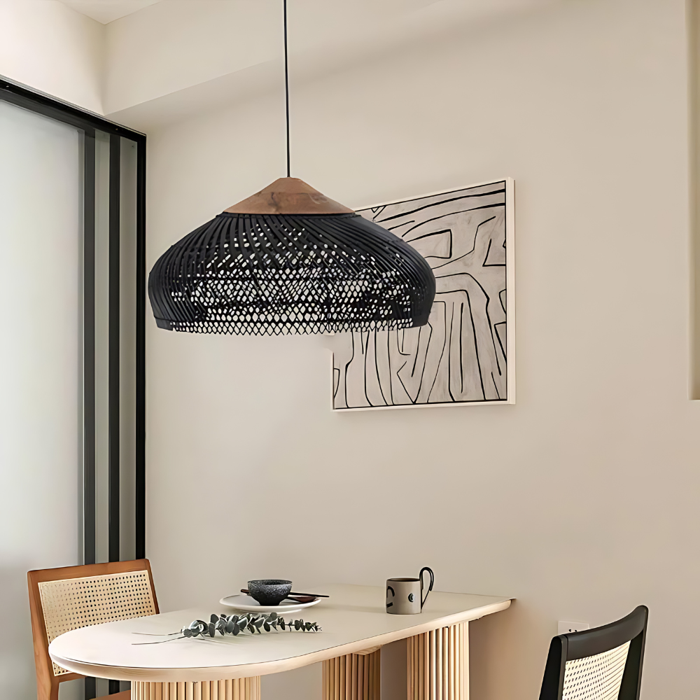 Handgemaakte Rieten Hanglamp voor Woonkamer en Eettafel - Japandi Boho Stijl met Warm Wit Licht 2