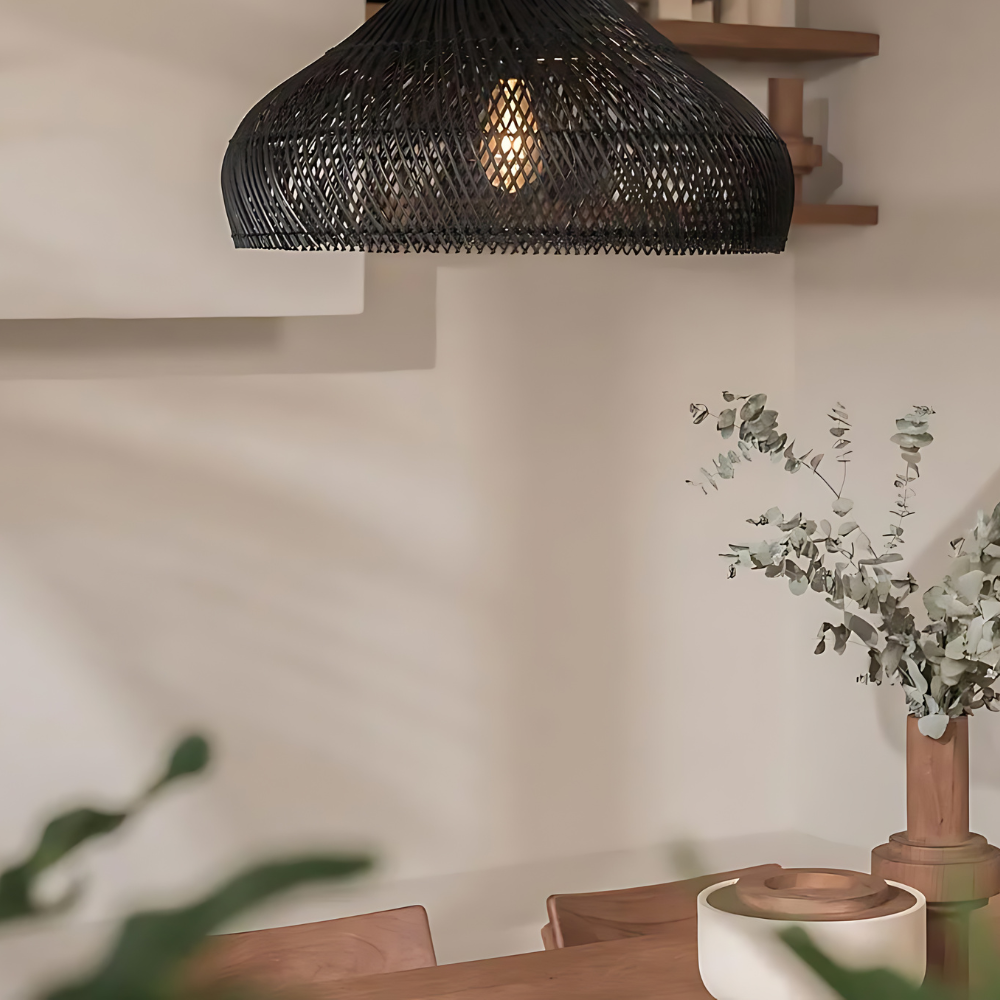 Handgemaakte Rieten Hanglamp voor Woonkamer en Eettafel - Japandi Boho Stijl met Warm Wit Licht 5