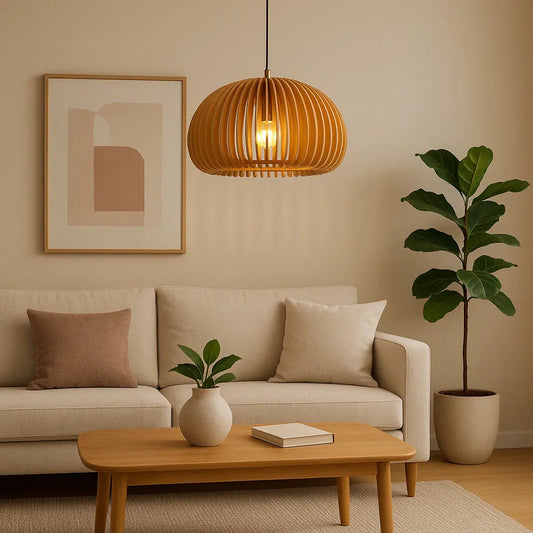 Houten Hanglamp Pompoenvorm voor Woonkamer, Eetkamer en Slaapkamer – Natuurlijke Verlichting in Diverse Maten 3