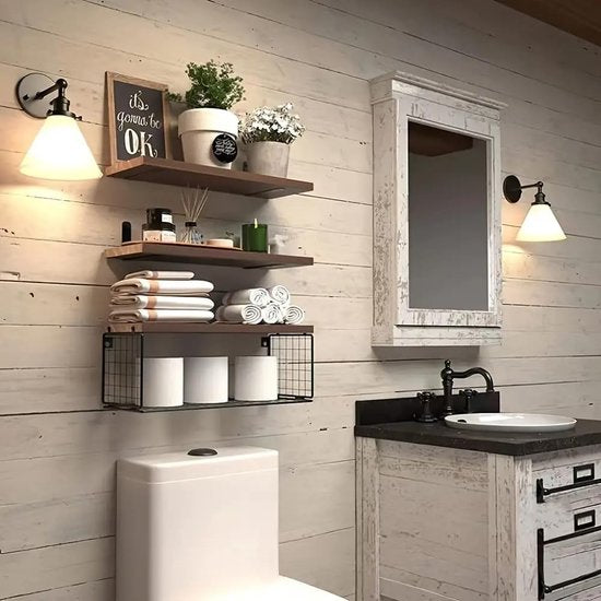 Houten Wandplank Set met Draadmand – Multifunctionele Planken voor Keuken, Badkamer en Woonkamer 2