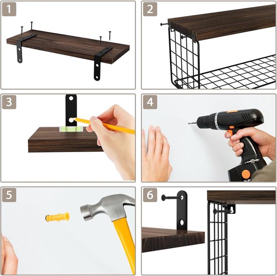 Houten Wandplank Set met Draadmand – Multifunctionele Planken voor Keuken, Badkamer en Woonkamer 3