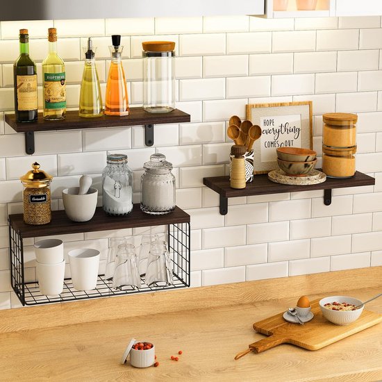 Houten Wandplank Set met Draadmand – Multifunctionele Planken voor Keuken, Badkamer en Woonkamer 4