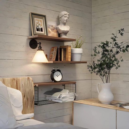 Houten Wandplank Set met Draadmand – Multifunctionele Planken voor Keuken, Badkamer en Woonkamer 5