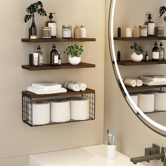 Houten Wandplank Set met Draadmand – Multifunctionele Planken voor Keuken, Badkamer en Woonkamer 6