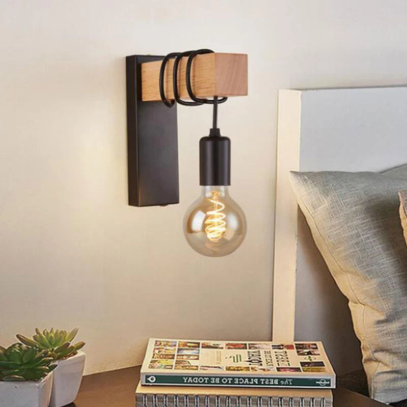 Industriële Wandlamp met Houten Accenten voor Minimalistische Interieur – Perfect voor Slaapkamer en Hal 0