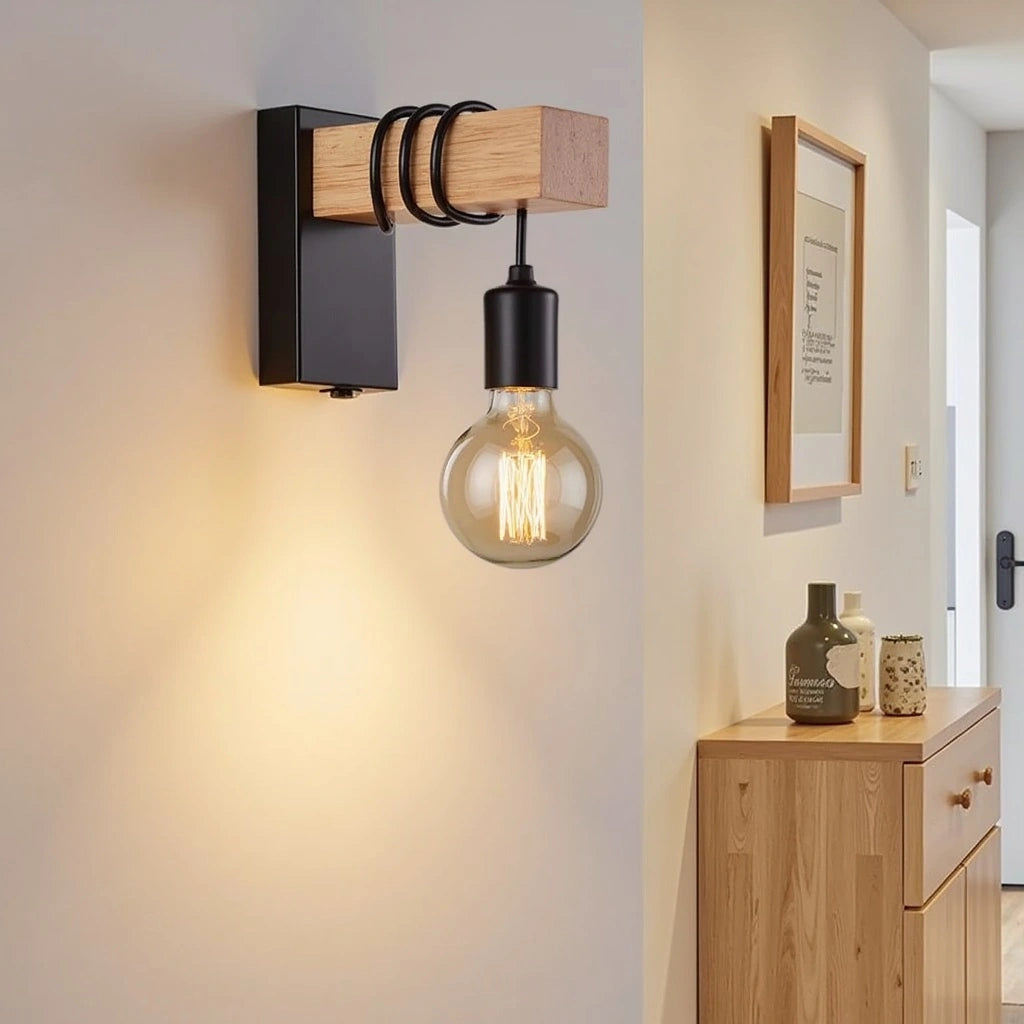 Industriële Wandlamp met Houten Accenten voor Minimalistische Interieur – Perfect voor Slaapkamer en Hal 2