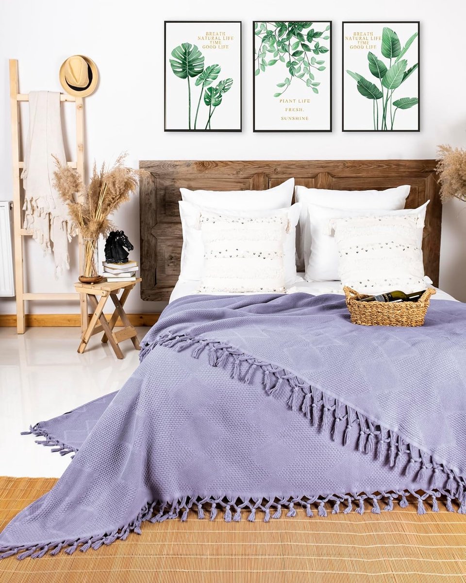 Katoenen Dekbed 240x220 cm met Wafelstructuur en Handgeknoopte Franjes – Lavendel Kleur 1