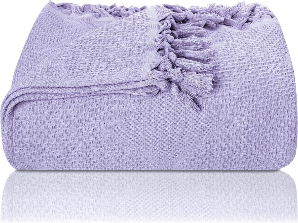 Katoenen Dekbed 240x220 cm met Wafelstructuur en Handgeknoopte Franjes – Lavendel Kleur 4
