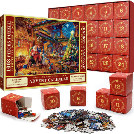 Kerst Puzzel Adventskalender met 1008 Stukjes en 24 Herbruikbare Doosjes – Uniek Kerstontwerp met Poster 1
