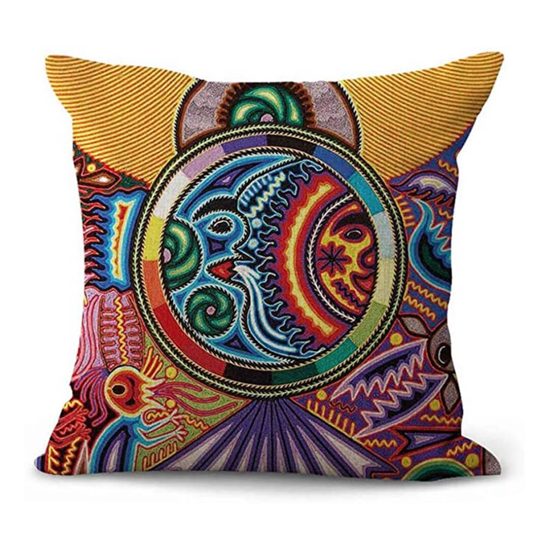 Kussenhoes 45x45 cm van Duurzaam Linnen – Kleurrijke Huichol Print voor Kussens Bank 1