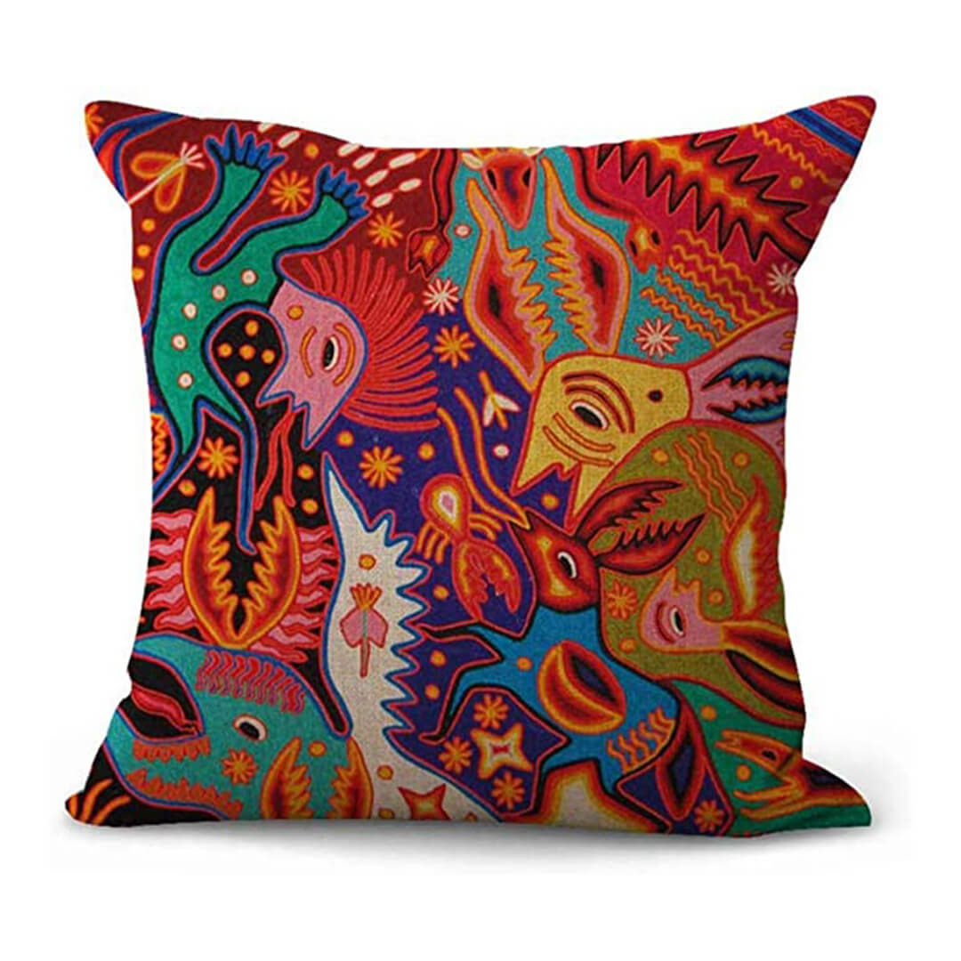 Kussenhoes 45x45 cm van Duurzaam Linnen – Kleurrijke Huichol Print voor Kussens Bank 2