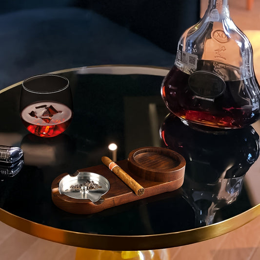 Luxe Sigaren Asbak met Whiskey Glas Tray - Houten Basis, Afneembaar Asbakje, Perfect voor Vaderdag en Relaties 3