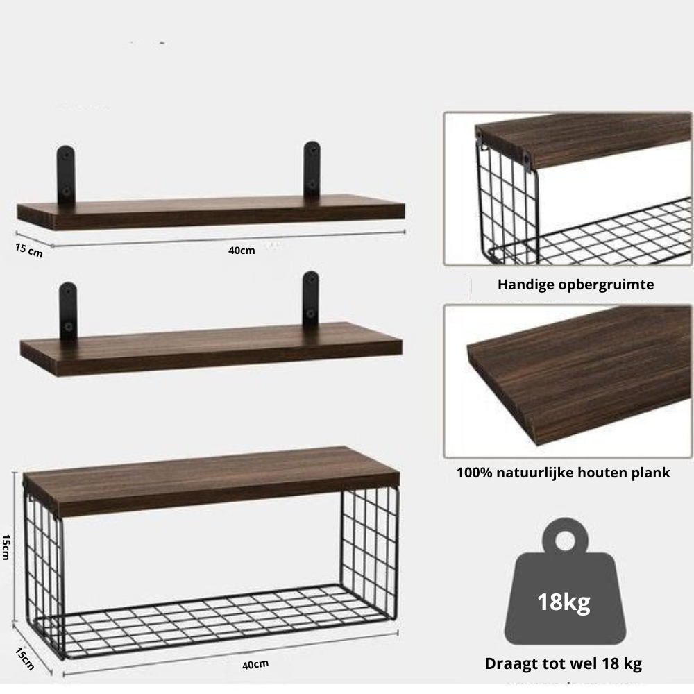 Houten Wandplank Set met Draadmand – Multifunctionele Planken voor Keuken, Badkamer en Woonkamer