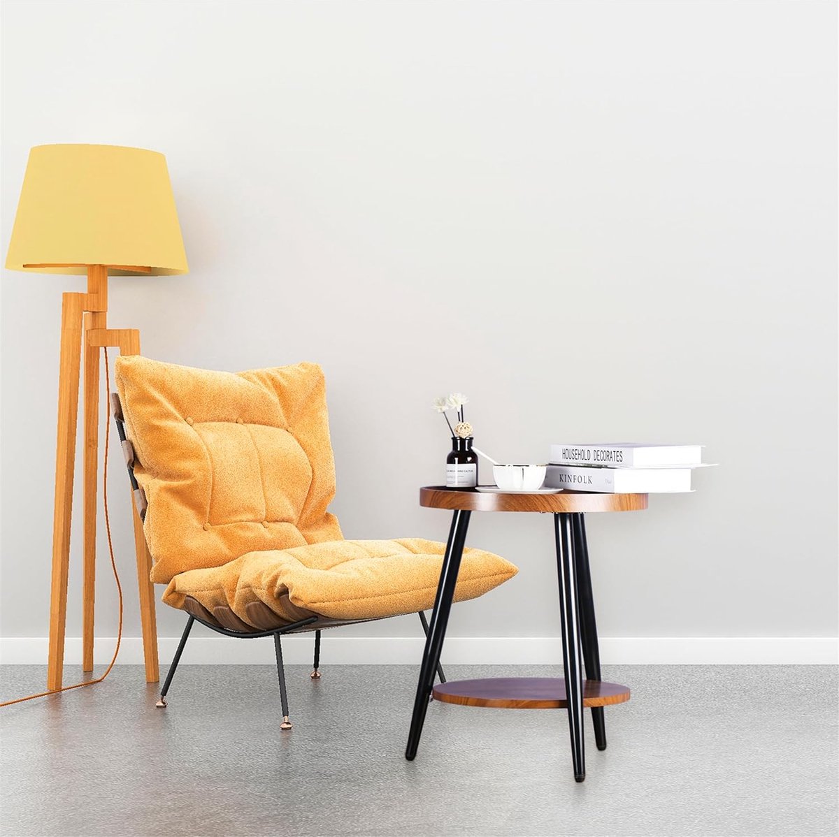 Ronde Bijzettafel met 2 Planken en Stalen Frame – Walnootkleurig MDF, 40 x 48 cm 1