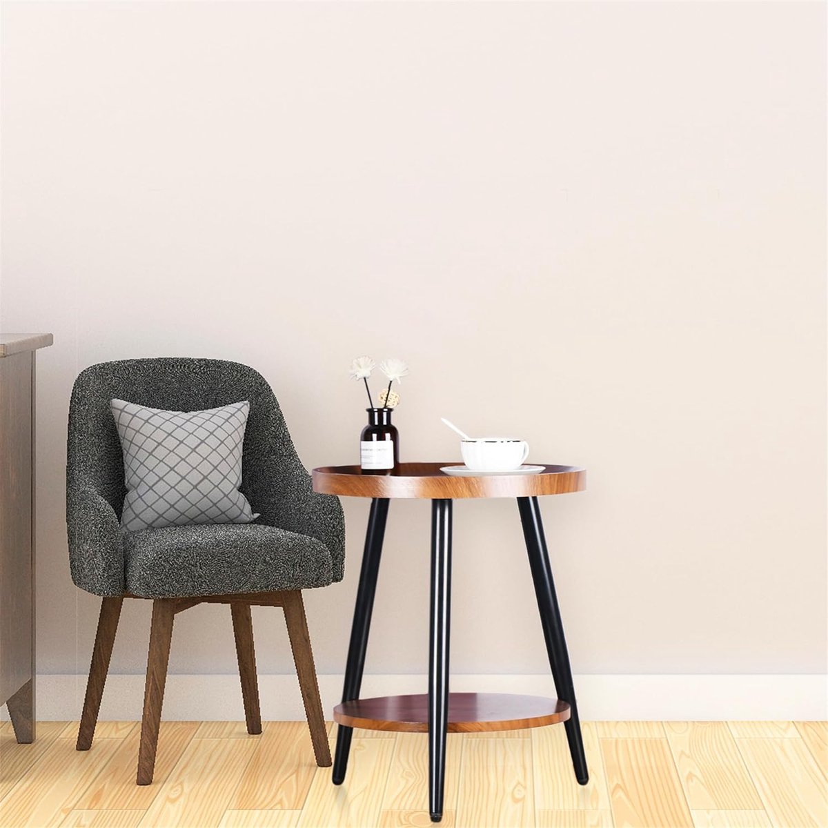 Ronde Bijzettafel met 2 Planken en Stalen Frame – Walnootkleurig MDF, 40 x 48 cm 2