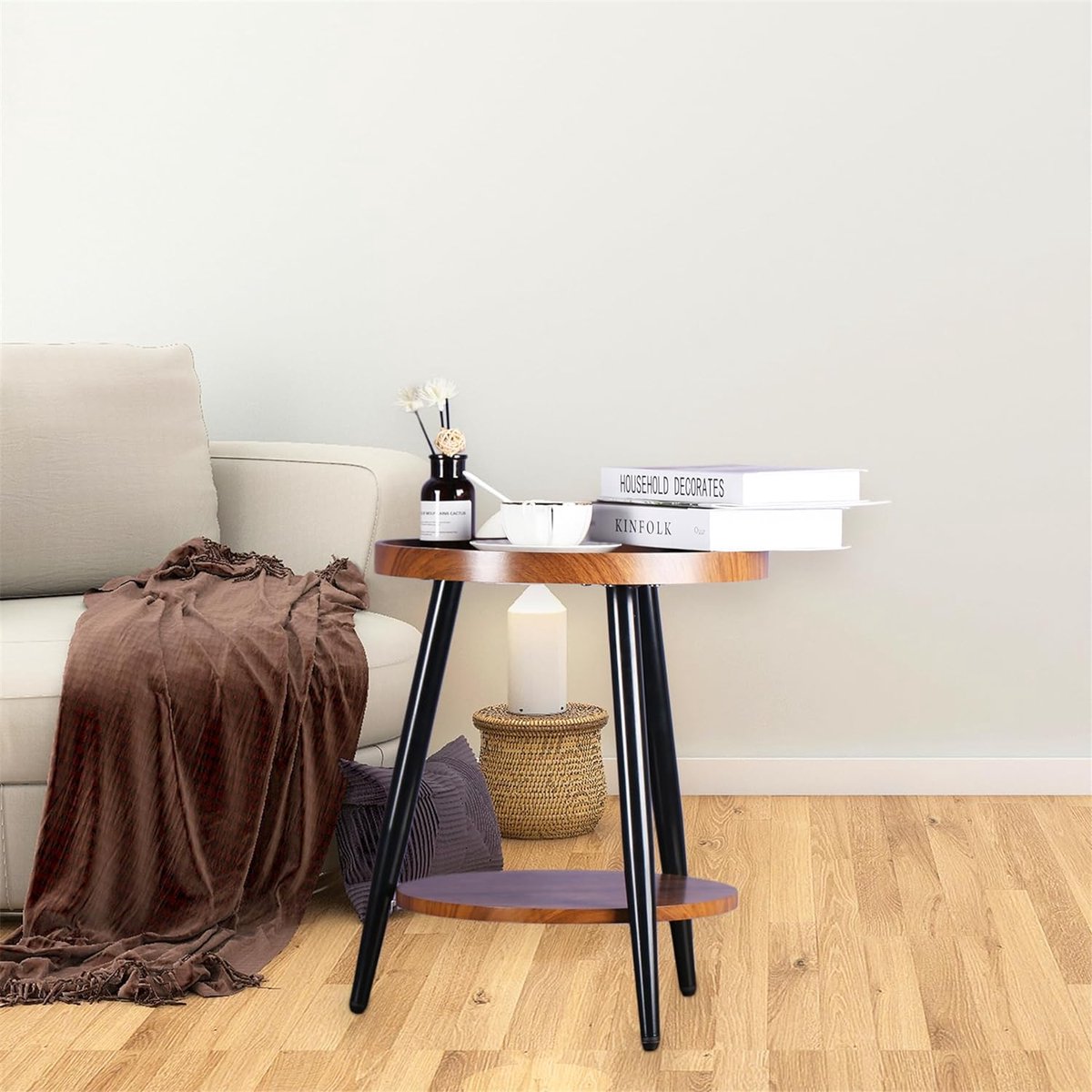 Ronde Bijzettafel met 2 Planken en Stalen Frame – Walnootkleurig MDF, 40 x 48 cm 3