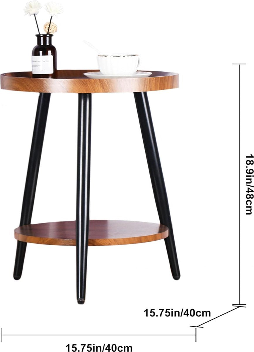 Ronde Bijzettafel met 2 Planken en Stalen Frame – Walnootkleurig MDF, 40 x 48 cm 4