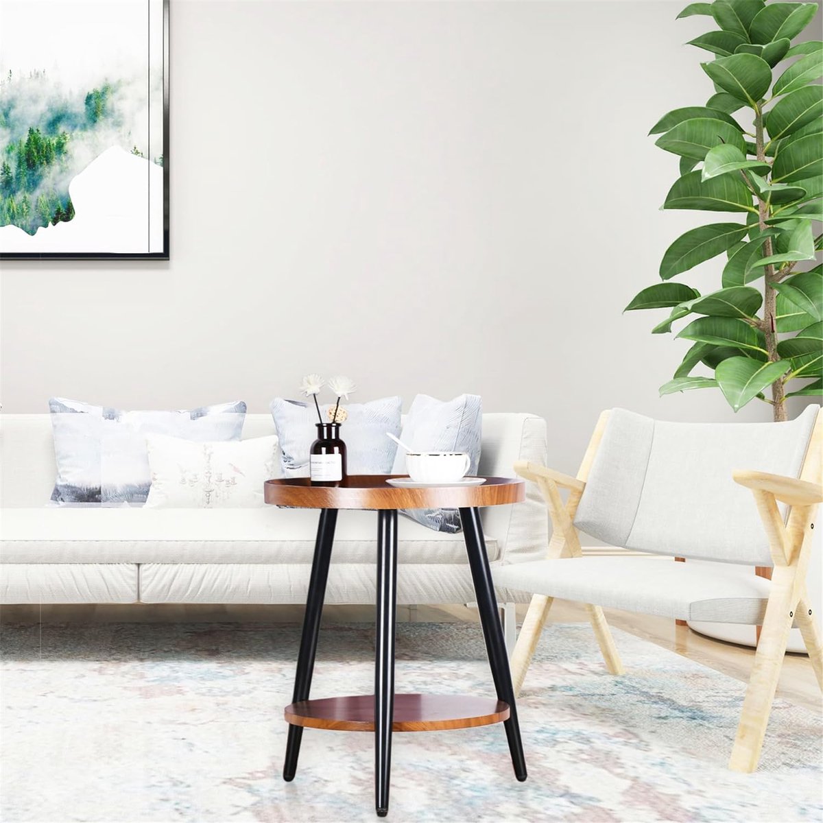 Ronde Bijzettafel met 2 Planken en Stalen Frame – Walnootkleurig MDF, 40 x 48 cm 5