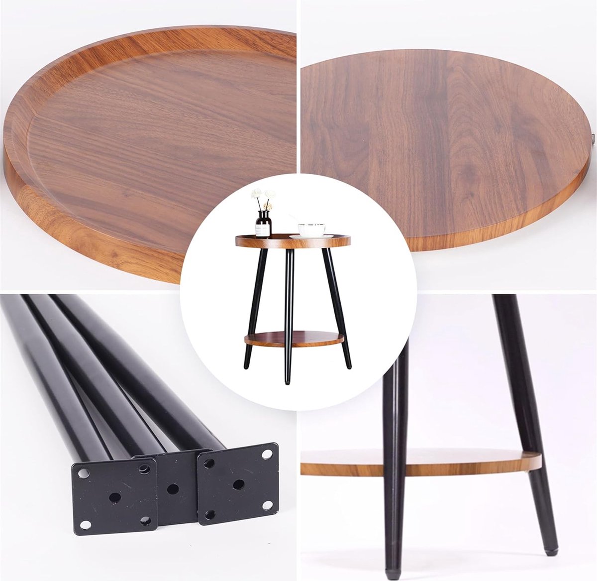 Ronde Bijzettafel met 2 Planken en Stalen Frame – Walnootkleurig MDF, 40 x 48 cm 6