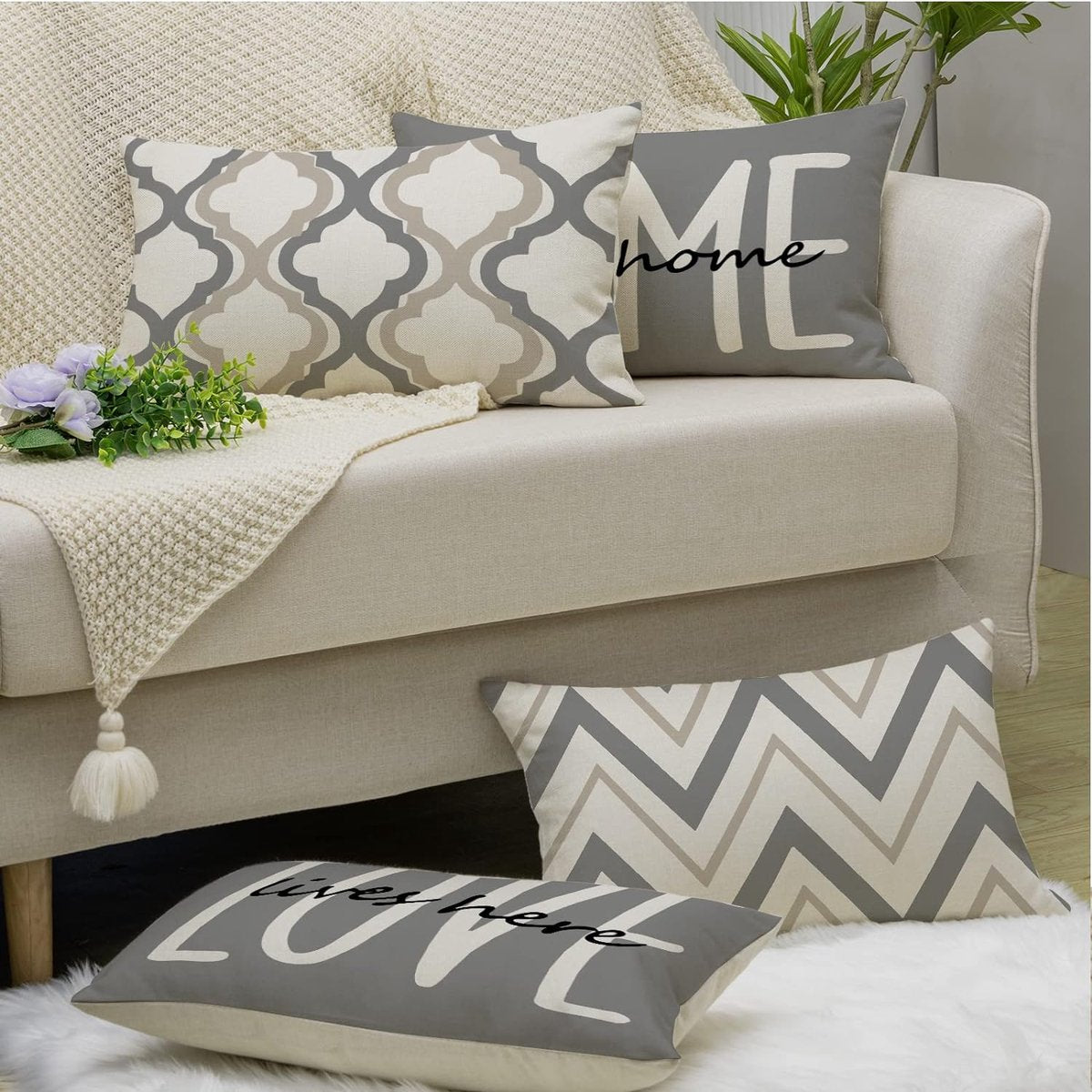 Set van 4 Geometrische Kussenslopen 30 x 50 cm – Hoogwaardig Linnen in Grijs voor Woonkamer en Slaapkamer 5
