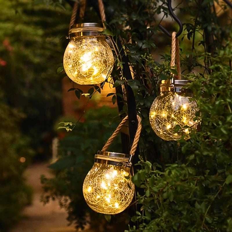 Solar Tuinlantaarn met Craquelé Glas en Jute Handvat – Automatische Schemersensor en Weerbestendig voor Buitengebruik 6