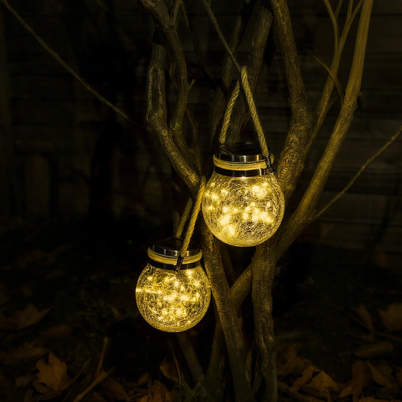 Solar Tuinlantaarn met Craquelé Glas en Jute Handvat – Automatische Schemersensor en Weerbestendig voor Buitengebruik 7