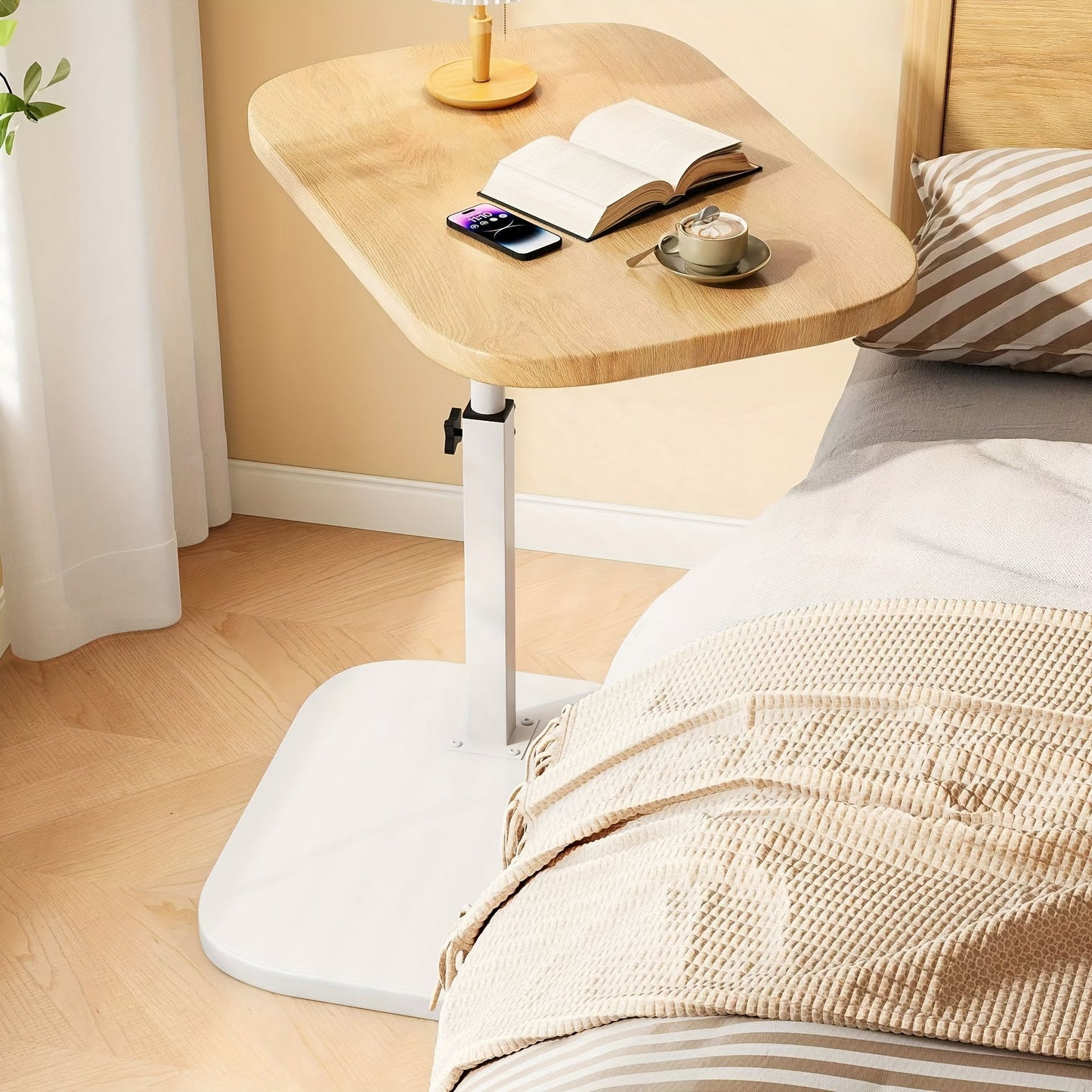 Verstelbare Bijzettafel met Houten Bovenblad en Stalen Frame – Ideaal voor Bank of Bed, Hoogte 45-80 cm 8