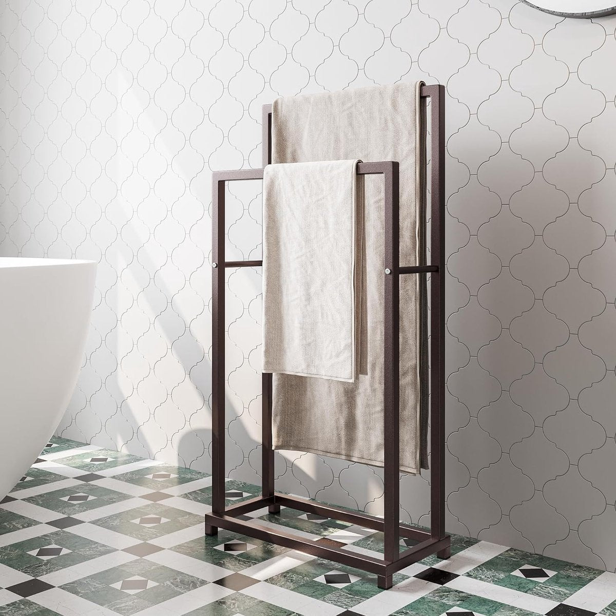 Vrijstaand Handdoekenrek Zwart van Staal met 2 Stangen voor Badkamer en Keuken - Multifunctioneel en Stijlvol 0