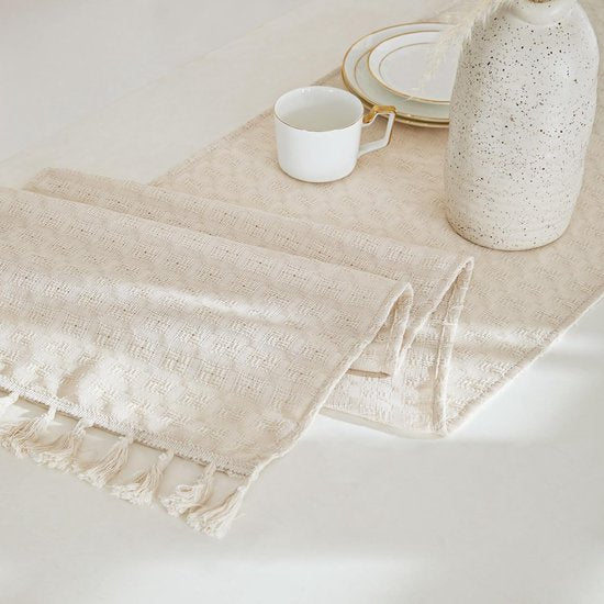 Wasbare Beige Tafelloper van Linnenlook – Geruit en Opengewerkt, 40 x 240 cm voor Woonkamer en Keuken 0