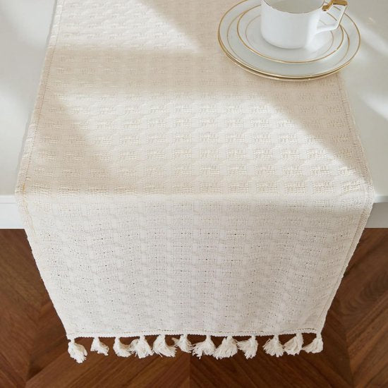 Wasbare Beige Tafelloper van Linnenlook – Geruit en Opengewerkt, 40 x 240 cm voor Woonkamer en Keuken 1