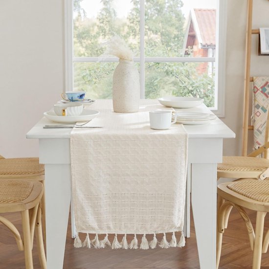 Wasbare Beige Tafelloper van Linnenlook – Geruit en Opengewerkt, 40 x 240 cm voor Woonkamer en Keuken 3