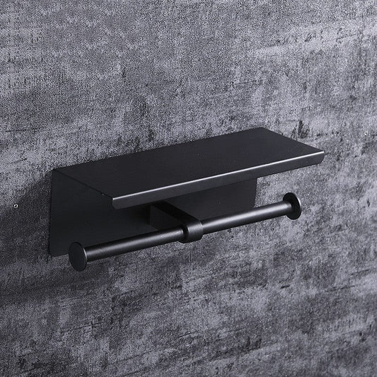 Zwarte WC Rolhouder met Plankje - Ruimtebesparend en Zonder Boren, Staande en Muurmontage WC Papier Houder 0