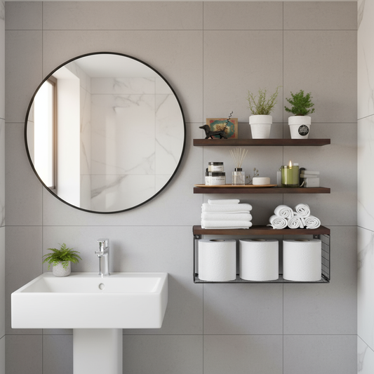 Sæt med Træ Væghylder med Trådkurv – Multifunktionelle Hylder til Køkken, Badeværelse og Stue